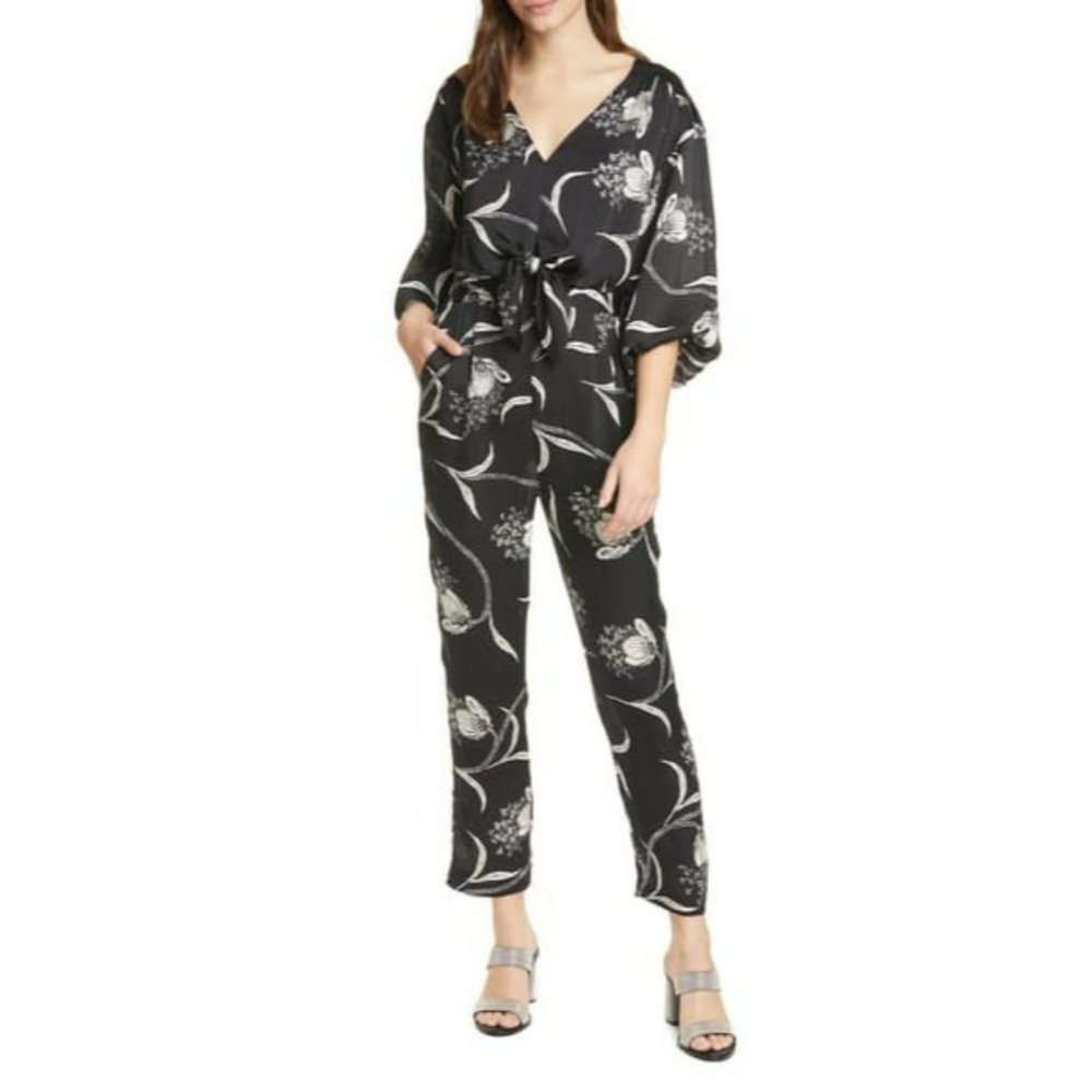 NWT JOIE Shaila Floral Balloon Sleeve Jumpsuit In Caviar_ XL